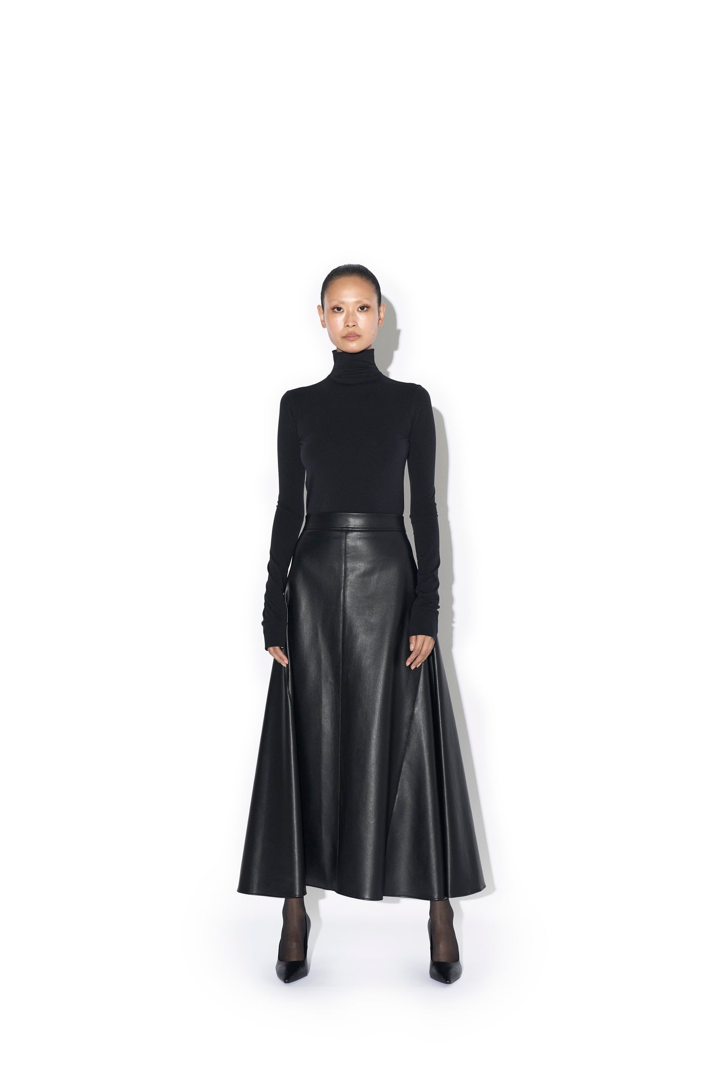 FAUX LEATHER BACK FLARED MAXI SKIRT