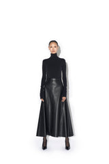 FAUX LEATHER BACK FLARED MAXI SKIRT