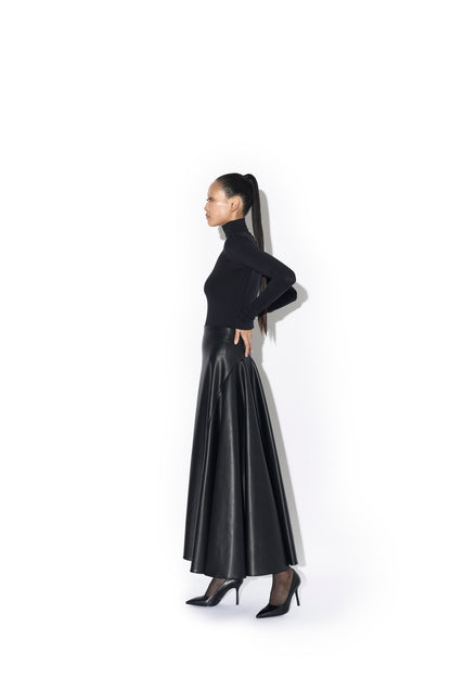 FAUX LEATHER BACK FLARED MAXI SKIRT