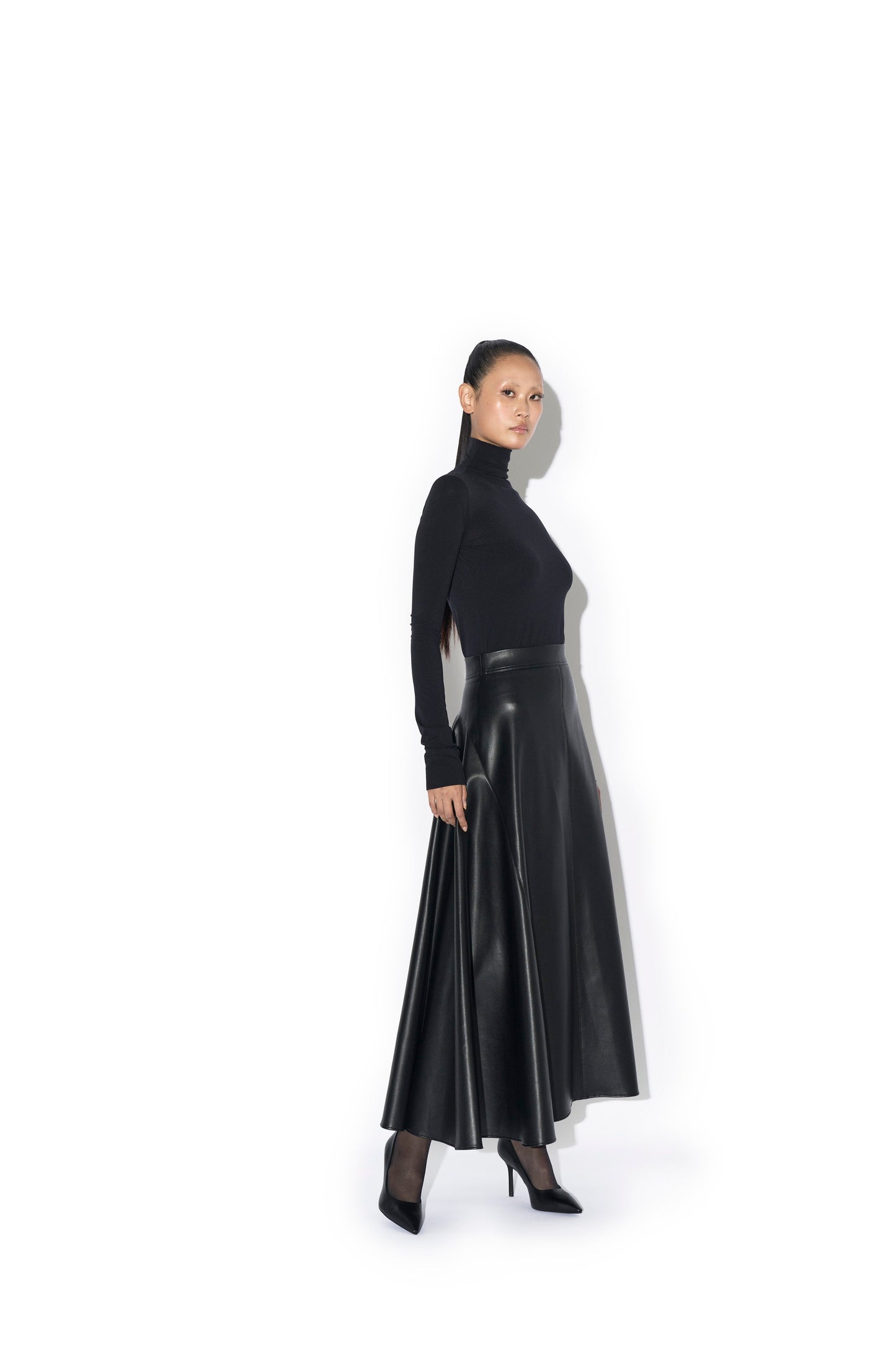 FAUX LEATHER BACK FLARED MAXI SKIRT