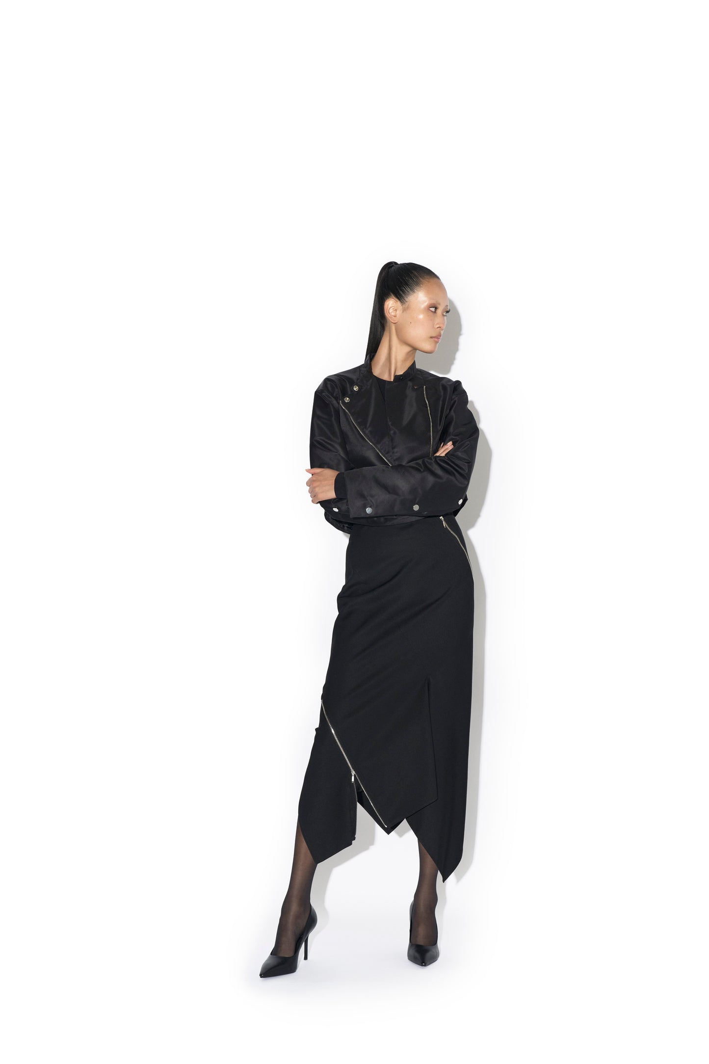 COMPACT WOOL TWILL SPIRAL SEAMED ZIPPED SKIRT