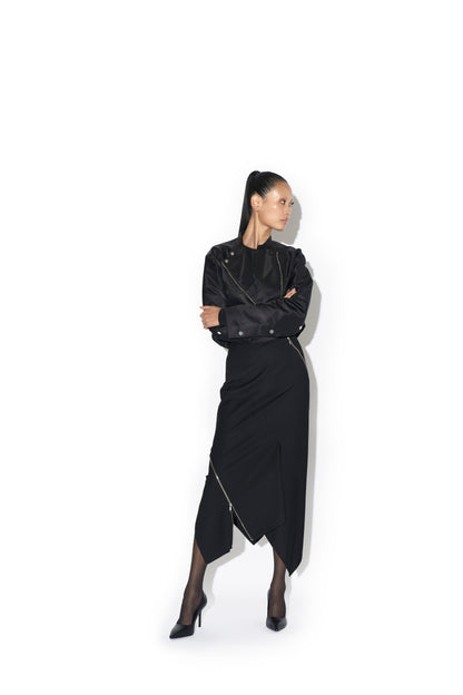 COMPACT WOOL TWILL SPIRAL SEAMED ZIPPED SKIRT
