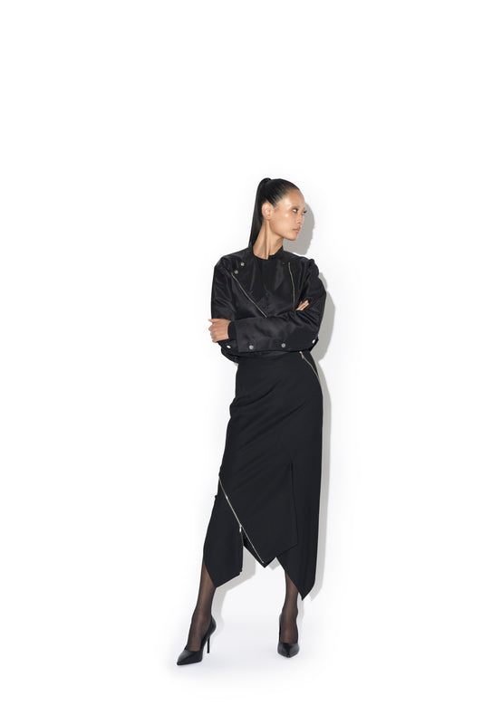 COMPACT WOOL TWILL SPIRAL SEAMED ZIPPED SKIRT